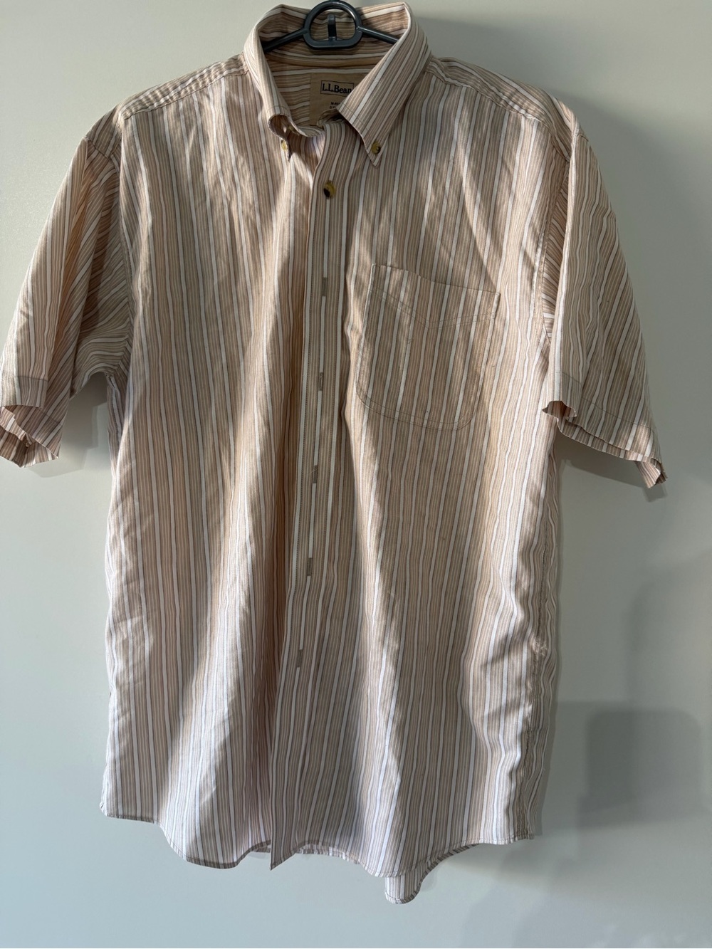L.L. Bean Beige and White Striped Short-Sleeve Button-Down Shirt